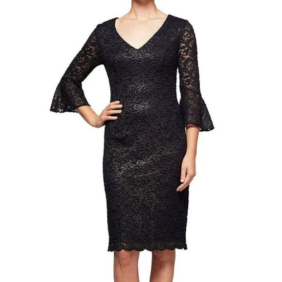 Alex Evenings Cocktail Dress Knee Length Navy Gold Bell Short Sleeve Size 8P EUC - Picture 1 of 10